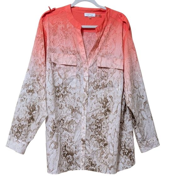 Calvin Klein women ombre blouse top orange ivory snake button tabs size 2X flaw - Picture 1 of 9